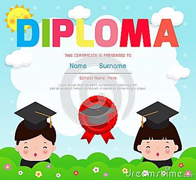 Diploma kids Certificates kindergarten and elementary, Preschool Kids Diploma certificate background design template Vector Illustration