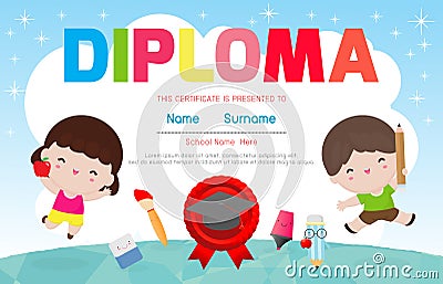 Diploma kids Certificates kindergarten and elementary, Preschool Kids Diploma certificate background design template Vector Illustration