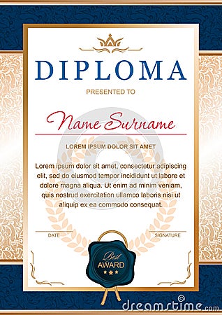 Diploma in the official, solemn, chic, Royal style Vector Illustration