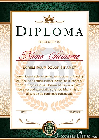 Diploma in the official, solemn, elegant, Royal style Vector Illustration