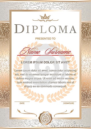 Diploma in the official, solemn, elegant, Royal style Vector Illustration