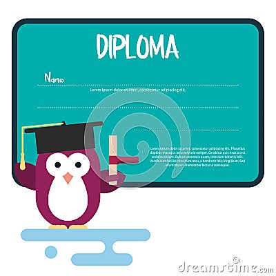 Diploma template with flat penguin character stylized as a student. Vector Illustration