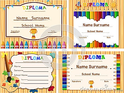 Diploma templates with wooden board and color pencils Vector Illustration