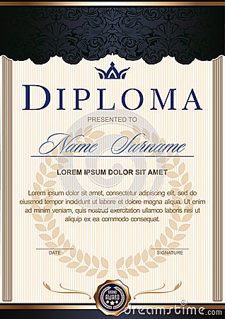 diploma vertical in the Royal style Vintage, Rococo, Baroque Vector Illustration