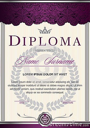 diploma vertical in the Royal style Vintage, Rococo, Baroque, glamour.Dark purple with silver color Vector Illustration