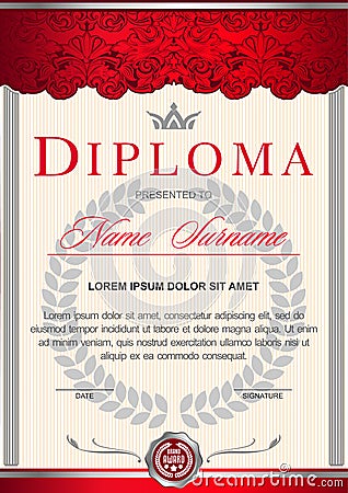 The diploma is vertical in the style of vintage, rococo, baroque.blue and silver colors Vector Illustration