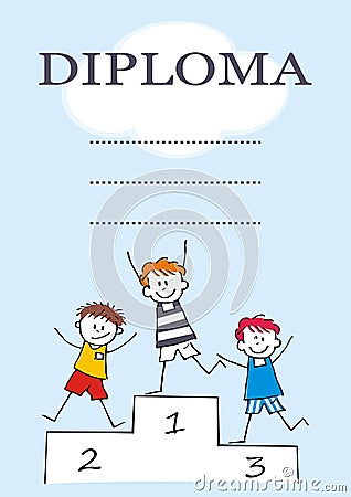 Diploma, winner podium and three boys, eps. Vector Illustration