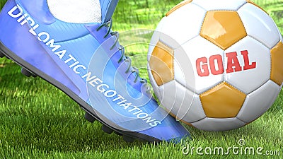 Diplomatic negotiations and a life goal - pictured as word Diplomatic negotiations on a football shoe to symbolize that it can Cartoon Illustration