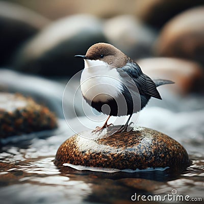 A dipper perches on a riverside rock waiting for prey Stock Photo