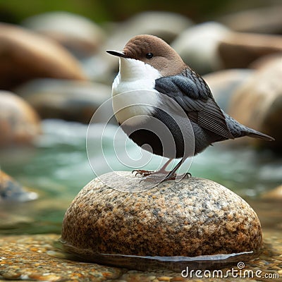 A dipper perches on a riverside rock waiting for prey Stock Photo