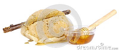 Dipper in puddle of honey and honeycomb on white background Stock Photo