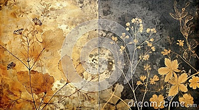 A diptych of abstract autumn background in vintage style. Chemigram and photogram image Stock Photo