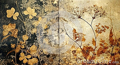 A diptych of abstract autumn background in vintage style. Chemigram and photogram image Stock Photo