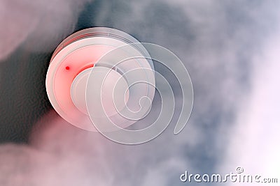 Dire alarm smoke detector with red LED indicator on ceiling Cartoon Illustration