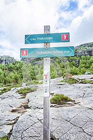 Directing sign to Preikestolen Rock. Stock Photo