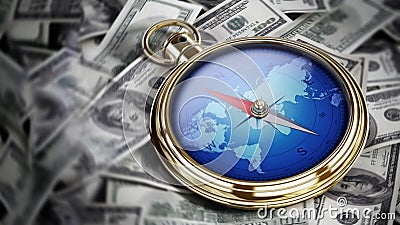 Direction of the money concept with compass on dollar pile. 3D illustration Cartoon Illustration