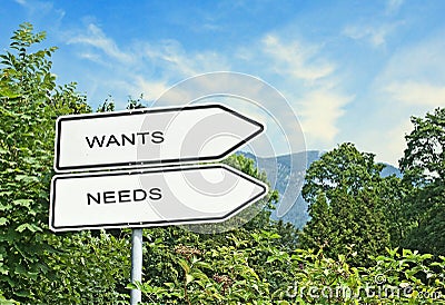 Direction road signs to wants and needs Stock Photo