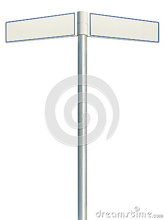 Direction road signs, two empty blank signpost signages, isolated directional roadside guidepost pointer white copy space, blue Stock Photo