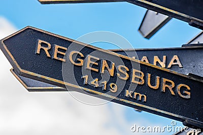 Direction sign for the city of Regenburg The sign is located Editorial Stock Photo