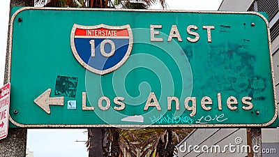 Direction sign I-10, Interstate 10 East to Los Angeles Editorial Stock Photo
