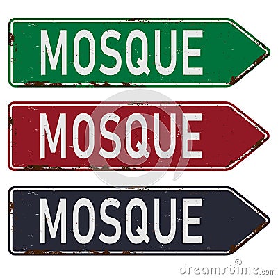 Direction sign. Mosque direction sign with green color. Perfect for visual direction sign moslem people. Vector Vector Illustration
