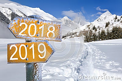 Sign 2018 and 2019 on the snow Stock Photo