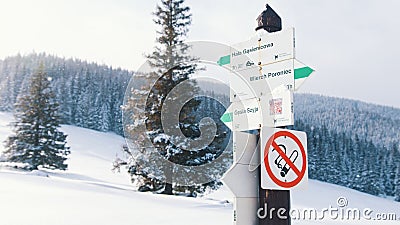 Direction signs on mountain covered in snow and evergreen forest Editorial Stock Photo