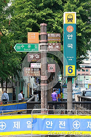 Direction signs on the street in Seoul, Korea Editorial Stock Photo