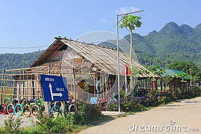 Direction signs Quoc Lo and Cau Lac, Mai Chau, Vietnam Stock Photo