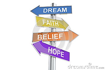 Direction street post with word dream, faith, belief and hope on colorful banner Stock Photo