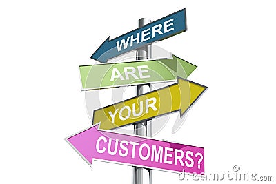Direction street post with word where are your customers on colorful banner Stock Photo
