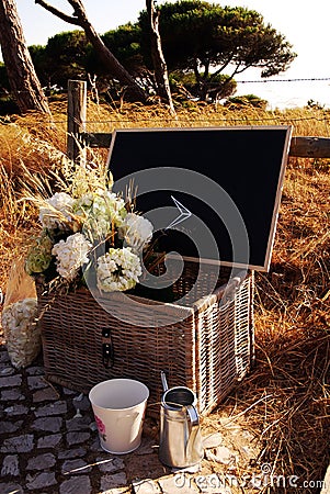 Direction - Summer Rustic Romantic Set, Black Board Sign Stock Photo