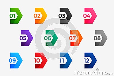 Directional bullet points numbers from one to twelve Vector Illustration
