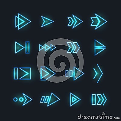Directional neon arrows. Pointers, orientation arrowhead with luminosity effect. Futuristic hud interface vector Vector Illustration