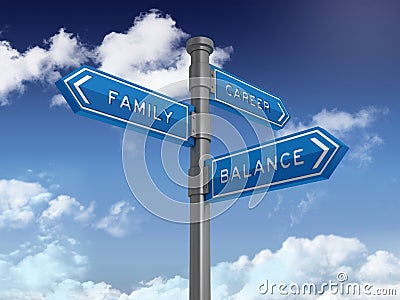 Directional Sign Series: FAMILY CAREER BALANCE - Blue Sky and Clouds Background Stock Photo