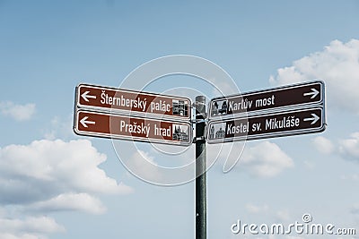 Directional sign to `Prazsky Hrad ` `Prague Castle `, `Sternbersky Palac ` `Sternberg Palace ` and `Karluv Most ` `Charles Editorial Stock Photo