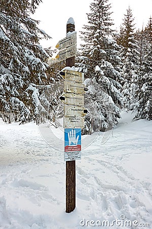 Directional signs for tourist trails in Mala Laka Valley Dolina Malej Laki nearby Zakopane in Tatra mountains Editorial Stock Photo