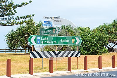 Directional touristic road signs at Lennox Head, Australia Editorial Stock Photo