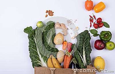 Directly above shot of fruits and vegetables with various ingredient on white background, copy space Stock Photo