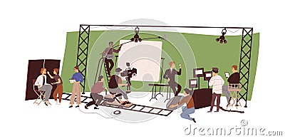 Director, cameraman, actors at film-making process. People with cameras of video production industry, recording movie in Vector Illustration