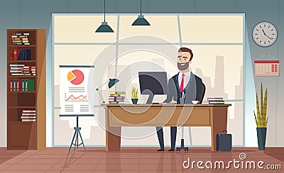 Director office. Interior businessman sitting at the table vector office cartoon picture Vector Illustration