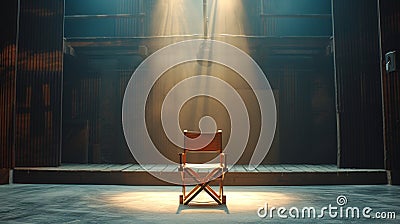 A director's chair on an empty soundstage, symbolizing the potential for endless storytelling and imagination Stock Photo