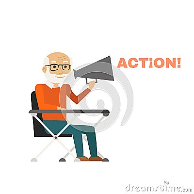 Director sitting on chair with megaphone. Vector Vector Illustration