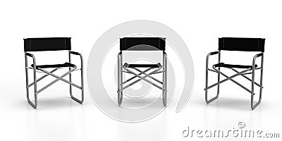 Directors Chairs 3d render of three aluminum constructed folding directors chairs with black seat material and black back rests Stock Photo