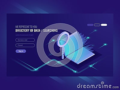 Directory of data, information serching result, book with magnifying glass, search engine optimisation, information Vector Illustration