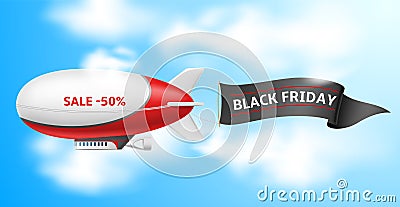 Dirigible with banner. Realistic zeppelin flying in blue sky, fluttering textile ribbon, black friday sale, isolated Stock Photo