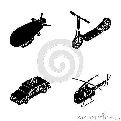 A dirigible, a children s scooter, a taxi, a helicopter.Transport set collection icons in black style vector symbol Vector Illustration