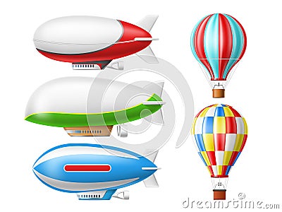 Dirigible and hot air balloons. Realistic retro aviation objects, 3d isolated zeppelins, airships, colorful sky vintage Vector Illustration