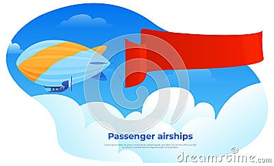 Dirigible passenger airship banner red flag vector flat advertising flying air transportation Vector Illustration