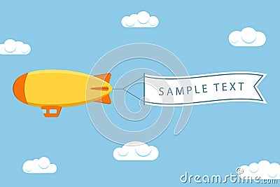 Dirigible with ribbon for message. Airship or zeppelin with banner. Flying blimp in sky with clouds. Vector. Vector Illustration